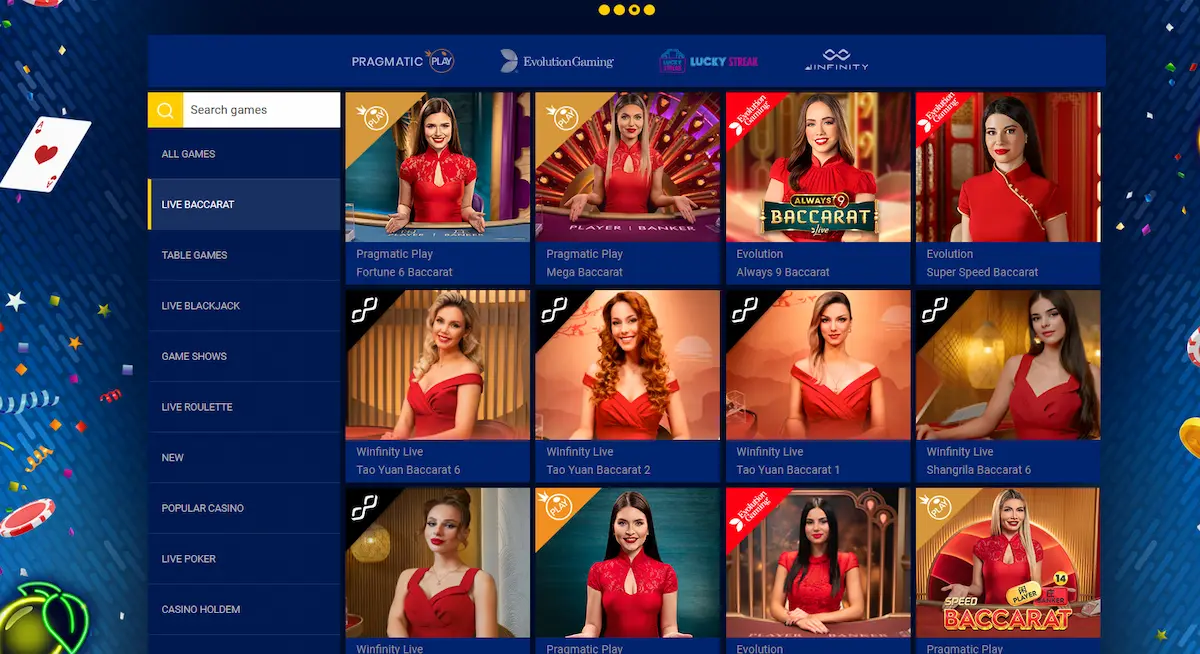 Živý baccarat Spassino Casino s více stoly a poskytovateli