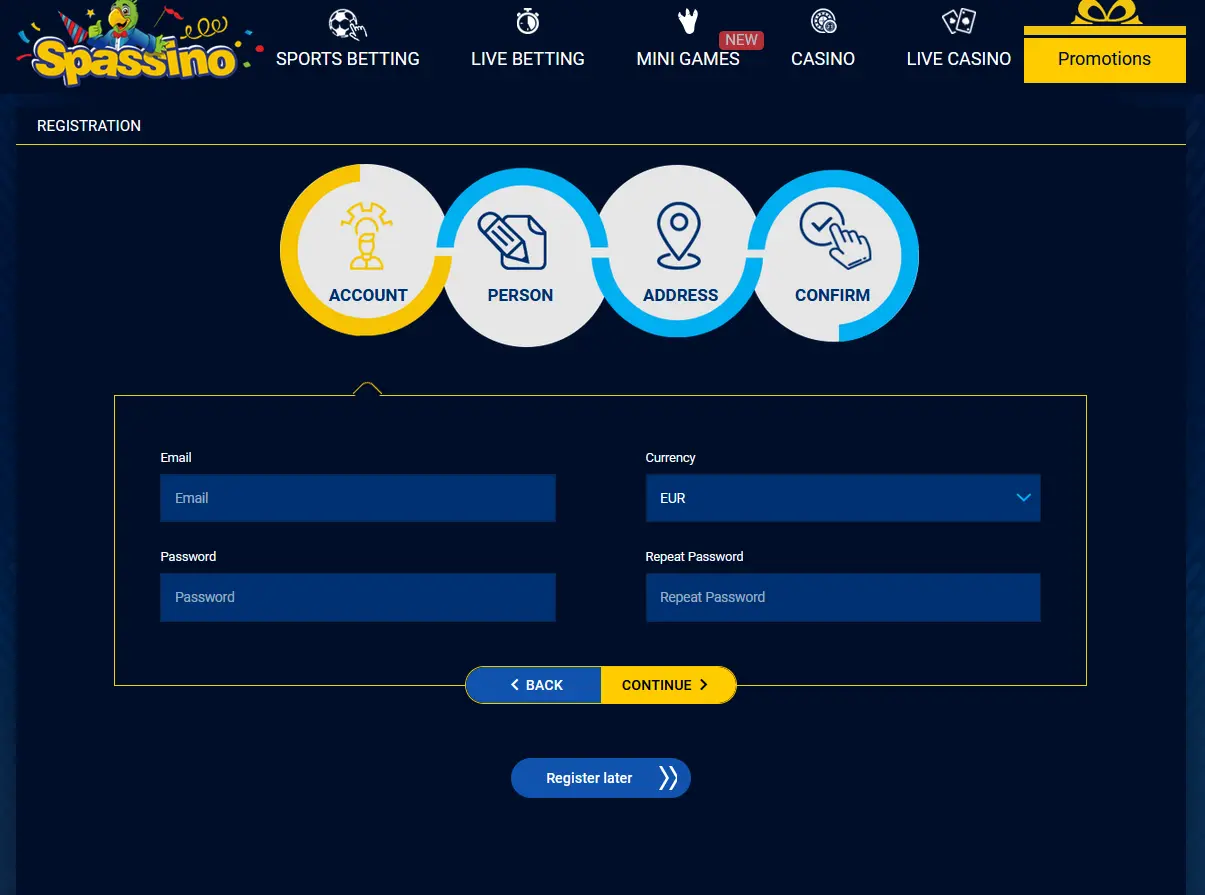 Registrační formulář Spassino Casino – založení nového účtu krok za krokem